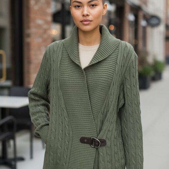 Lauren Ralph Lauren Sweaters - Lauren Ralph Lauren Green Cable Knit Sweater With Equestrian Like Buckle Size L